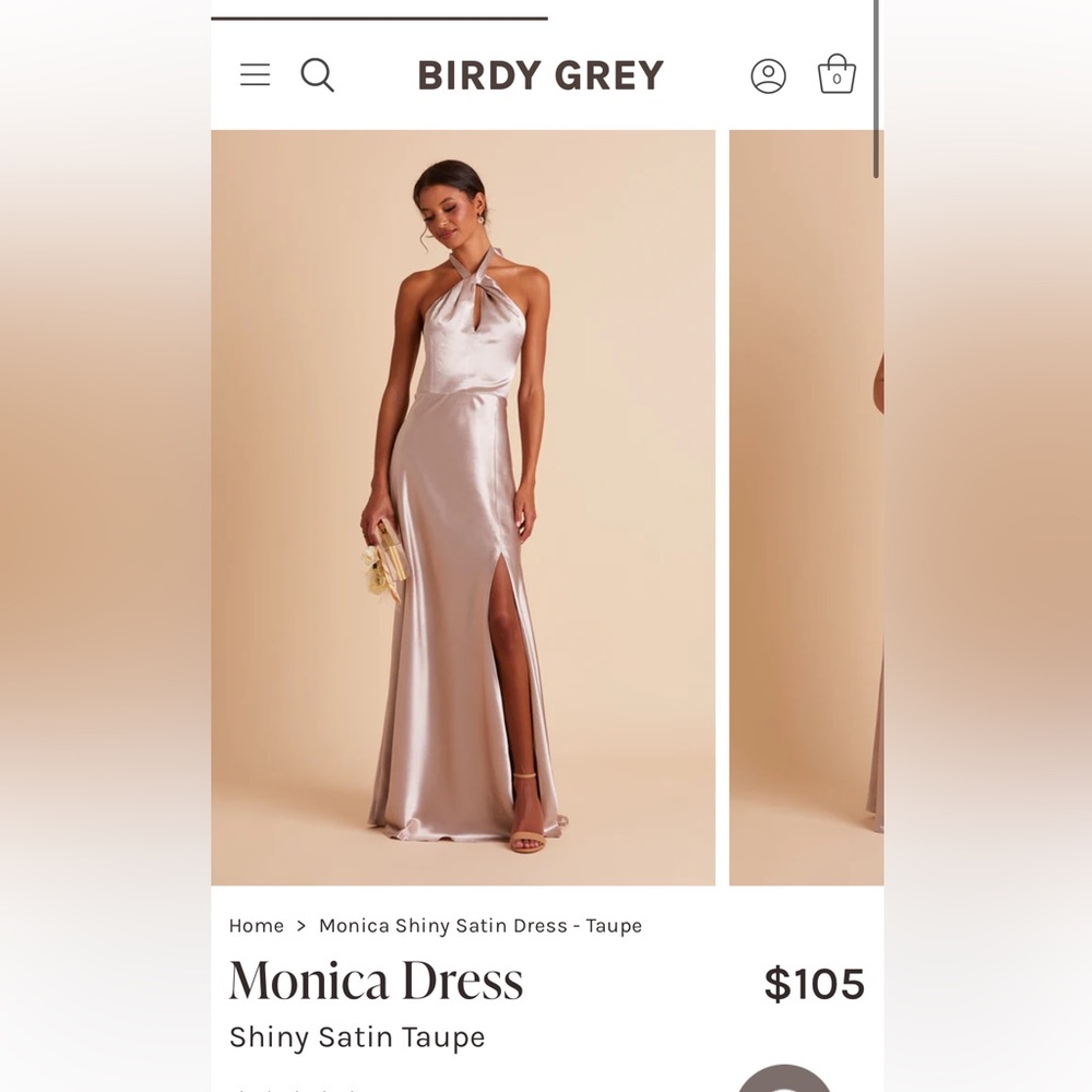 Birdy Grey Gold Halter Maxi Gown with Slit, Size Medium, Shiny Satin Taupe